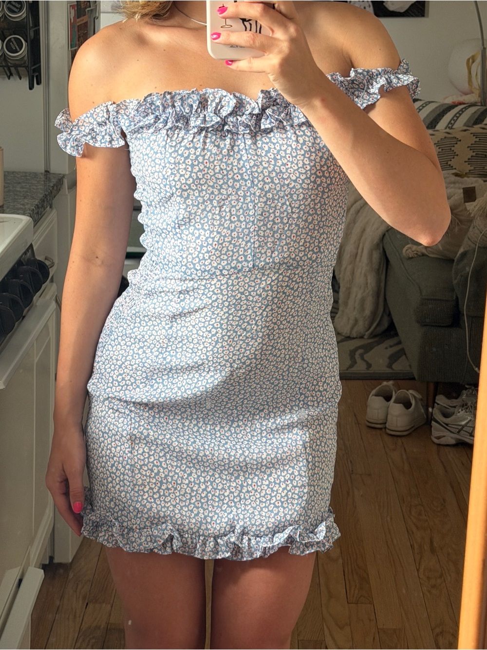 Beginning Boutique Light Blue Floral Off-Shoulder Ruffle Mini Dress